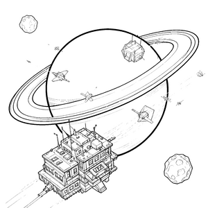 Uriger Saturn mit Raumbasis Ausmalvorlage für kleine Weltenbummler