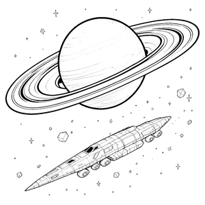 Lichtvoller Saturn mit Raumschiff Ausmalbild für malfreudige Sternentdecker