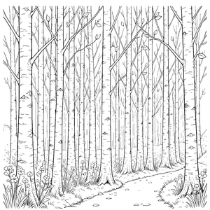 Ruhiger Birkenwald mit Waldpfad Malbild für kreative Naturfreunde