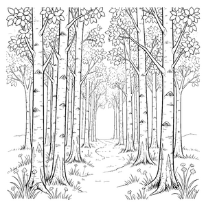 Dichter Birkenwald mit Waldweg Ausmalvorlage für Abenteurer