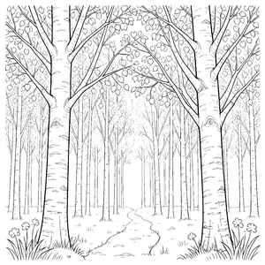 Lichter Birkenwald mit Pfad Ausmalvorlage für verträumte Waldgeister