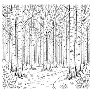 Dichter Birkenhain mit Waldweg Ausmalbild für Abenteurer