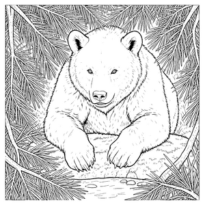 Sanfter Bär im Nadelwald Ausmalvorlage für kleine Abenteurer