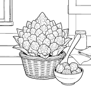 Prachtvoller Romanesco im Korb Ausmalbild für kreative Hobbyköche