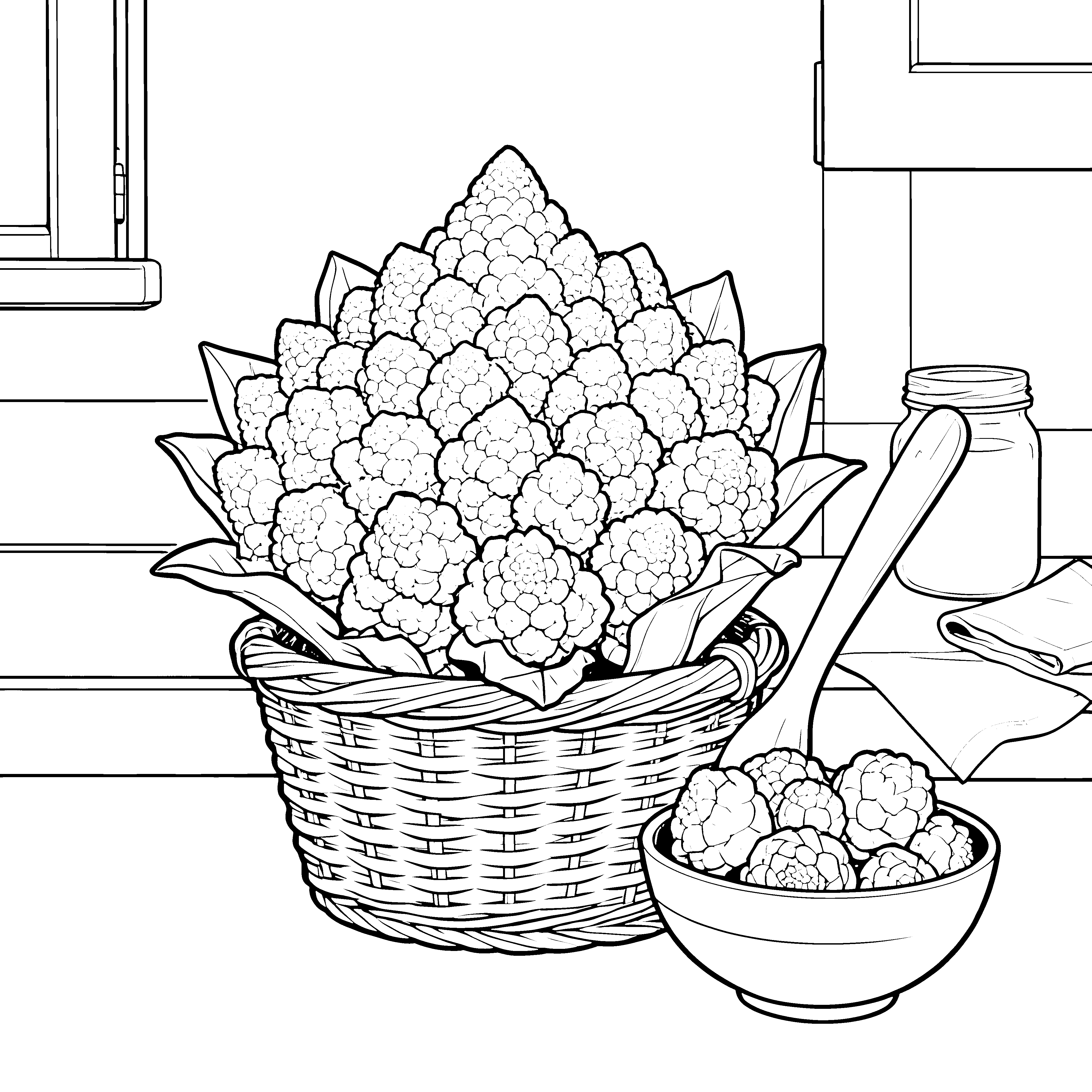 Prachtvoller Romanesco im Korb Ausmalbild für kreative Hobbyköche