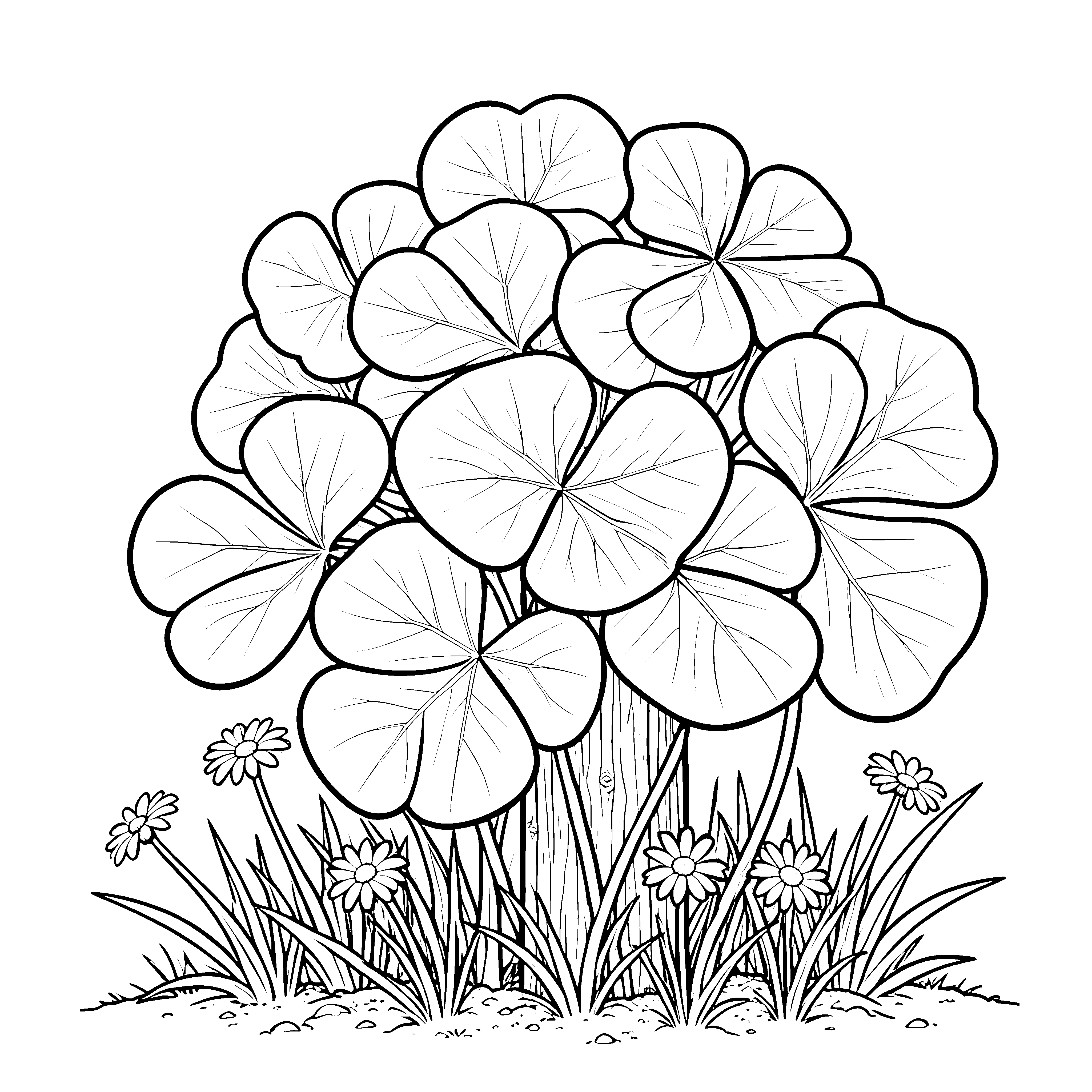 Üppiger Kleeblätterhaufen mit Gänseblümchen Ausmalbild für mutige Naturfreunde