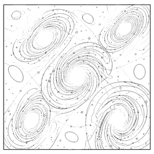 Funkelnde Spiralgalaxien mit Planeten Ausmalvorlage für verträumte Weltenbummler