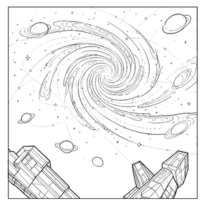 Funkelnde Spiralgalaxien mit Planeten Malbild für fröhliche Sterngucker