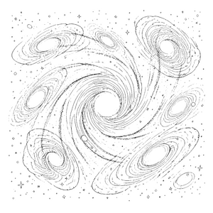 Dynamische Spiralgalaxien mit Sternen Malbilder für junge Sternenfreunde Ausmalbild