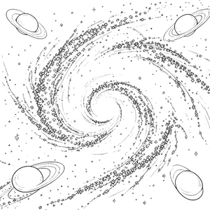 Funkelnde Galaxie mit Planeten Ausmalbild für kleine Sternengucker