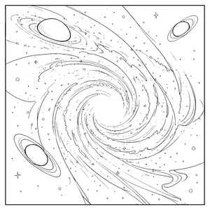Drehende Galaxien mit Planetenringen Malvorlage für mutige Sternenstaubsammler
