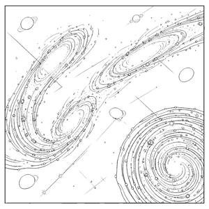 Lichtstarke Spiralgalaxien mit Planeten Ausmalbild für fröhliche Weltenbummler