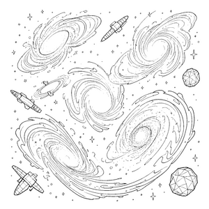 Dynamische Spiralgalaxien mit Raketen Malbilder für neugierige Himmelsforscher Ausmalbild