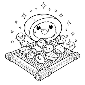 Fröhliches Sushi-Fest auf einer Matte Ausmalvorlage für mutige Naschkatzen