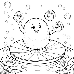 Fröhliches Onigiri im Seerosenteich Malvorlage für mutige Schwimmfreunde