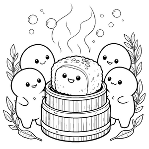 Dampfendes Onigiri mit kleinen Freunden Malvorlage für Hobbyköche