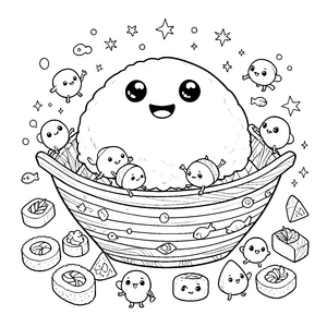 Fröhliches Onigiri mit kleinen Freunden Ausmalvorlage für Entdecker