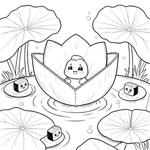 Verspieltes Onigiri in der Lotusblüte Ausmalbild für neugierige Spürnasen