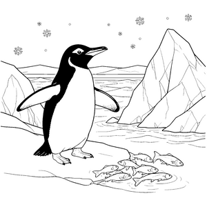 Wachsamer Pinguin im Schnee Ausmalbild für kreative Weltenbummler