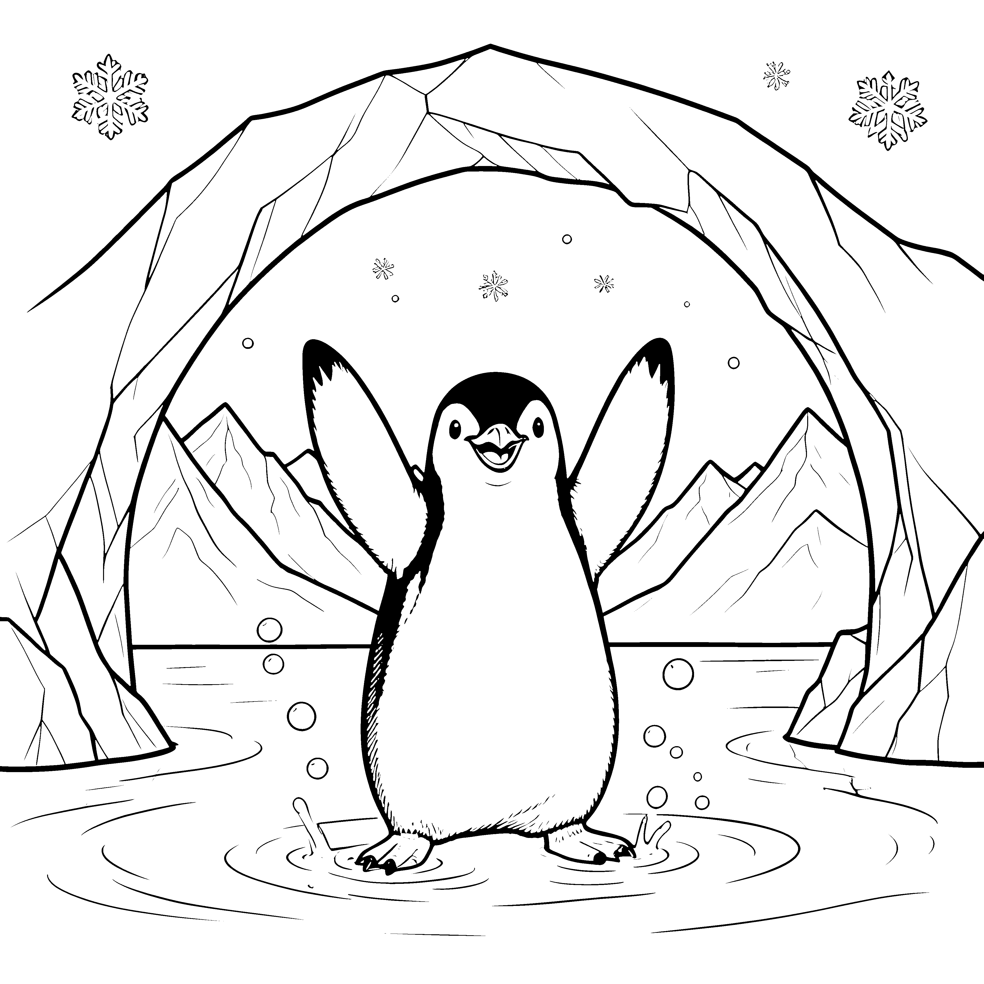 Fröhlicher Pinguin in der Eishöhle Malbild für mutige Spürnasen