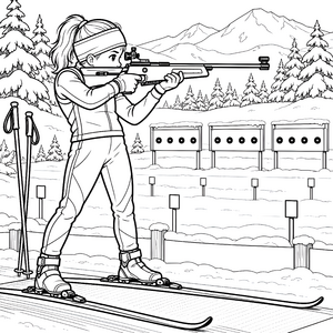 Fokussierte Biathletin an den Schießscheiben Malvorlage für fröhliche Spürnasen
