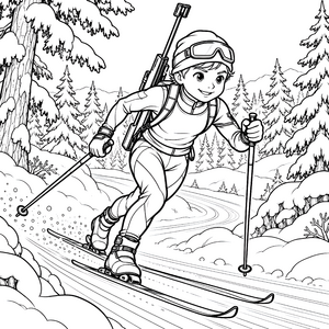 Stolzer Biathlethe auf der Loipe Ausmalbild für kleine Skifahrer