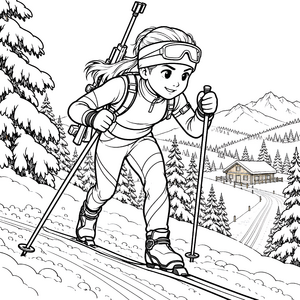 Entschlossene Biathletin auf der Loipe Malbild für malfreudige Naturfreunde