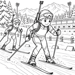 Eifrige Biathleten auf der Loipe Ausmalvorlage für mutige Wintersportfreunde
