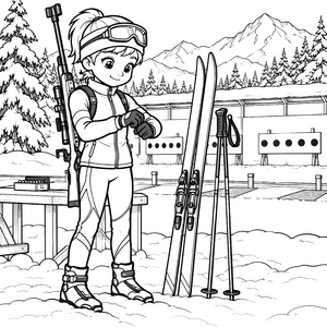 Bereite dich auf das Biathletin-Ausmalbild für Wintersportfans vor