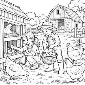 Fröhliche Kinder beim Eiersammeln Ausmalbild für kleine Bauernfreunde