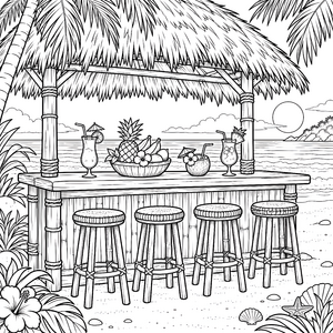 Exotischer Strandbar-Bartisch mit Kokosnüssen Malvorlage für Weltenbummler
