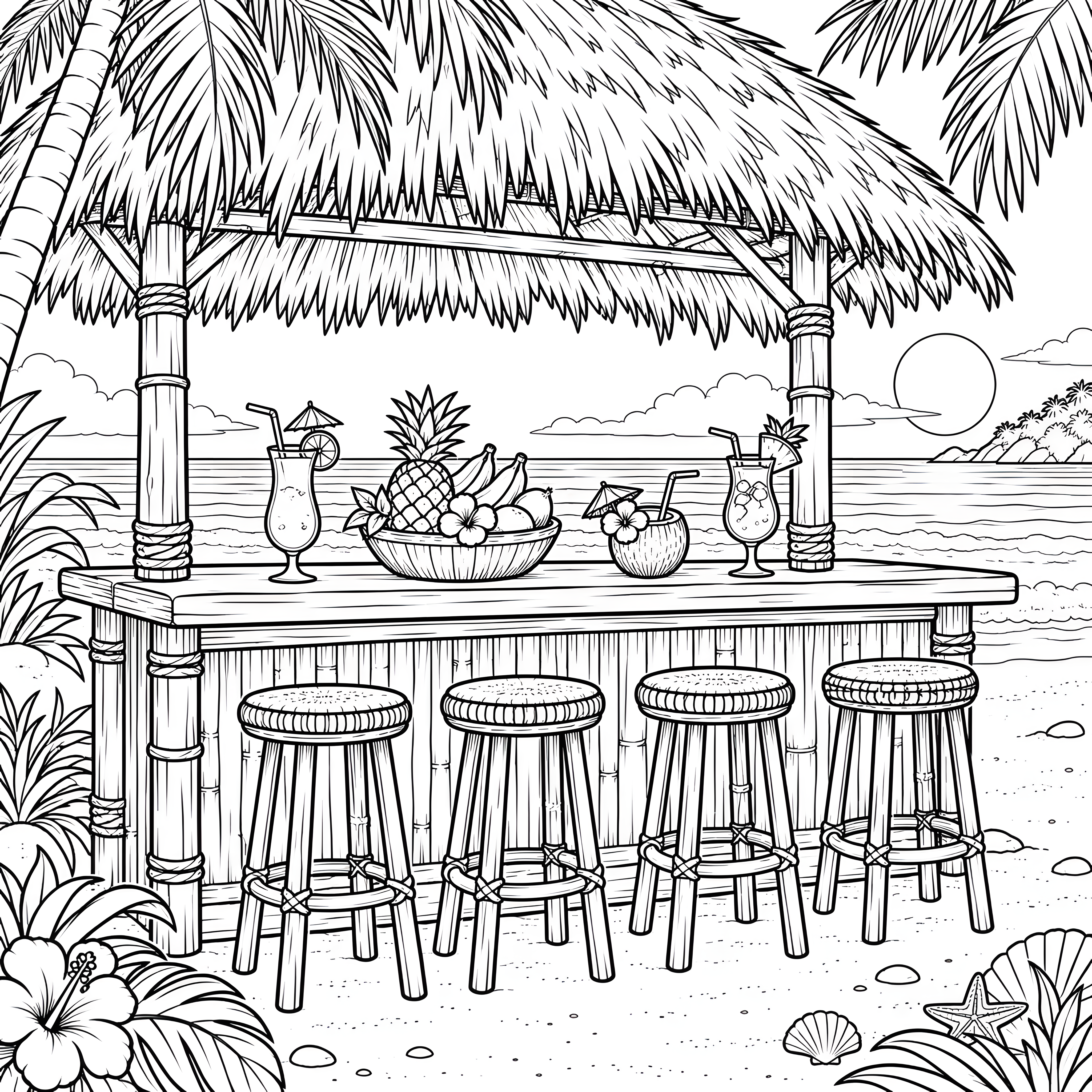 Exotischer Strandbar-Bartisch mit Kokosnüssen Malvorlage für Weltenbummler