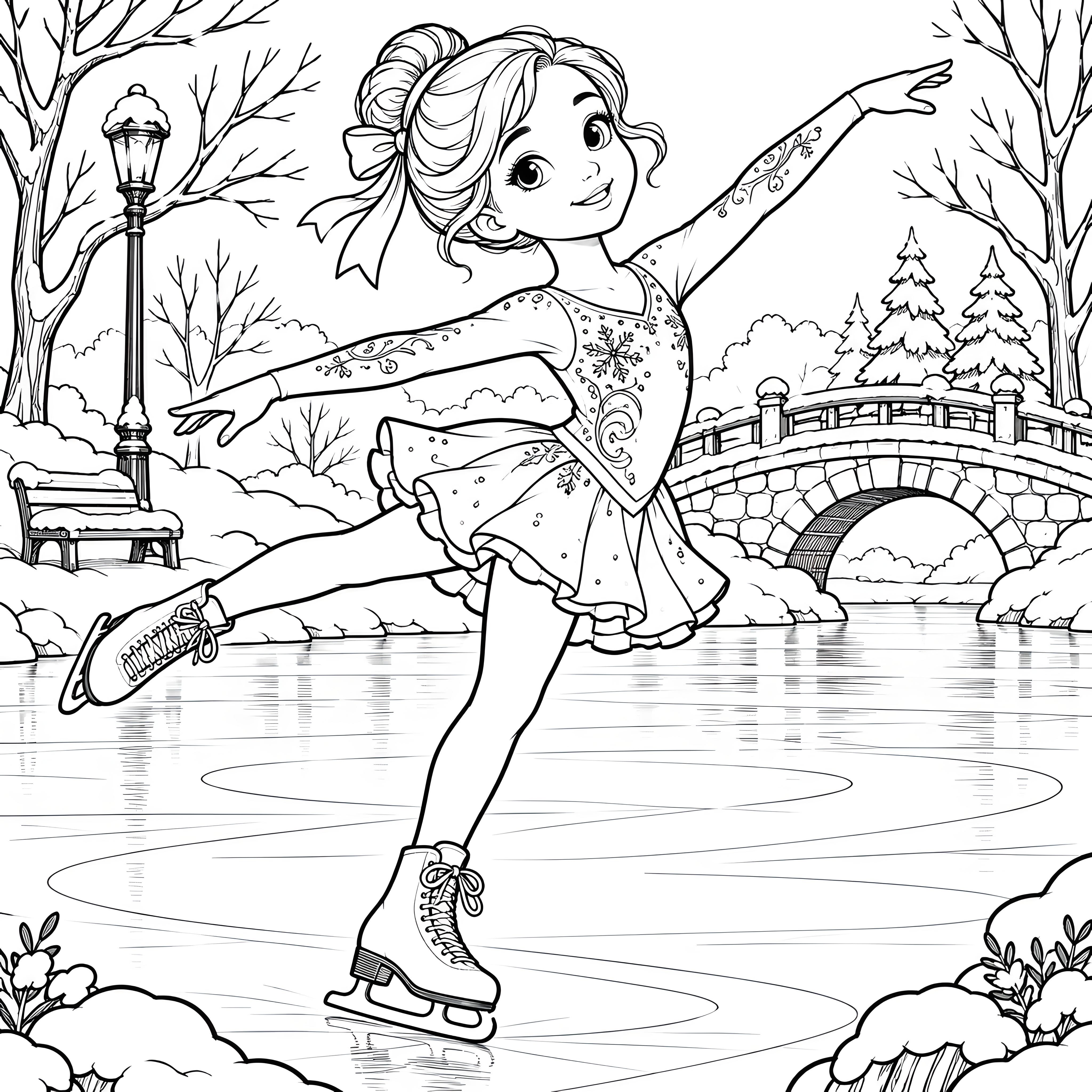 Verspielte Eiskunstläuferin auf der Brücke Ausmalbild für kleine Spürnasen