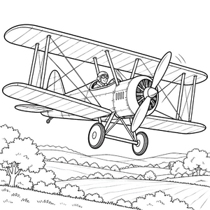 Geschickter Doppeldecker über hügeliger Landschaft Ausmalbild für Flugfans