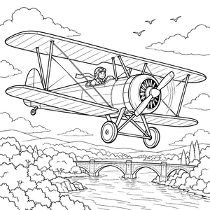 Mutiger Doppeldecker über Steinbrücke Malbild für fröhliche Flugfans