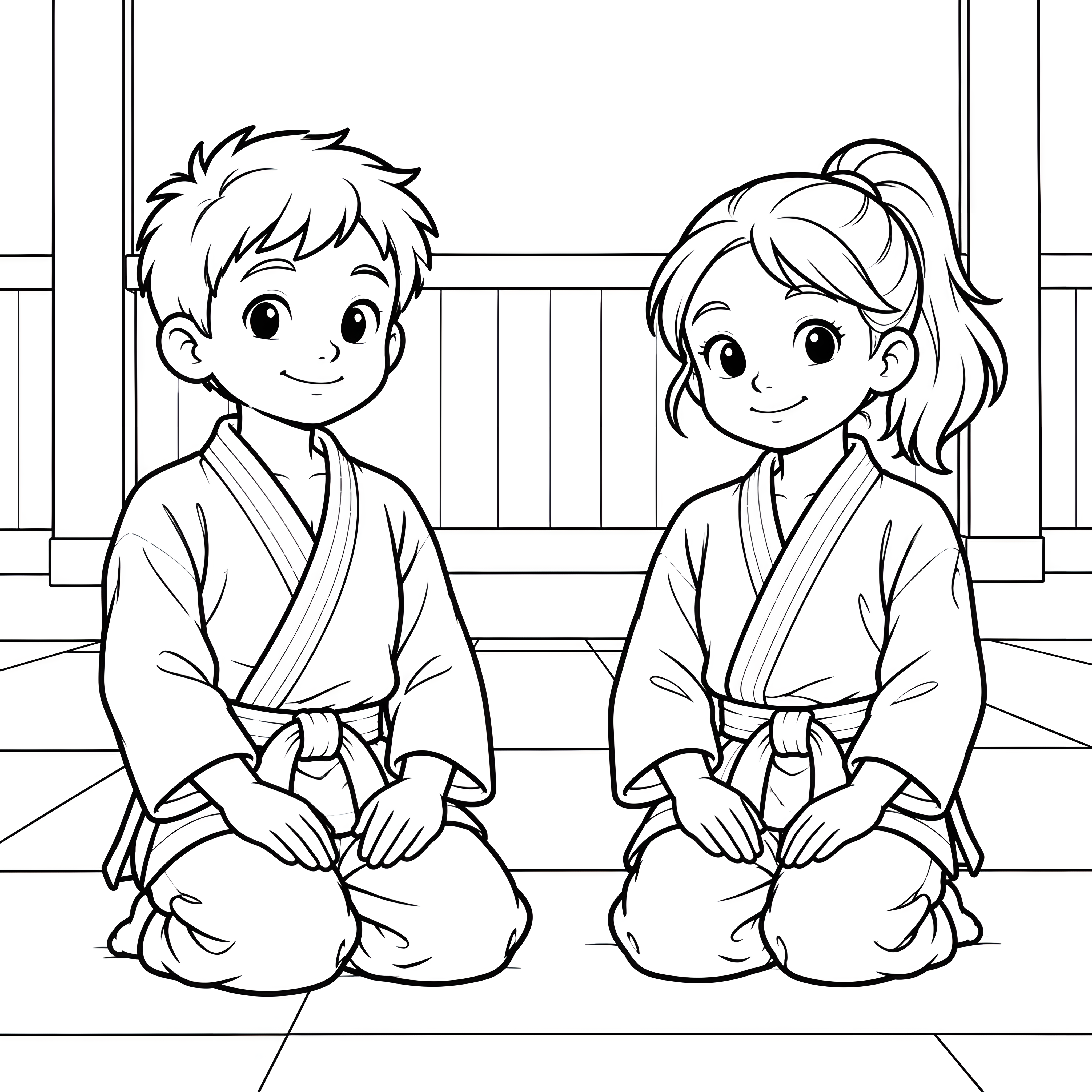 Freundliche Judokids im Dojo Ausmalvorlage für kreative Abenteurer