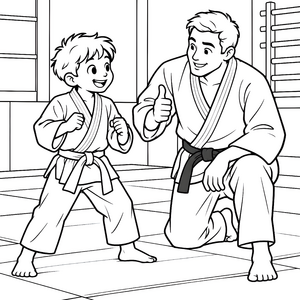Stolzer Judo-Lehrer mit Kind Malvorlage für malfreudige Tüftler