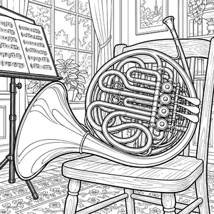 Prächtiges Horn mit Notenständer Ausmalvorlage für kreative Musikfreunde