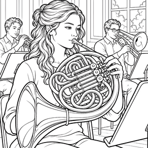 Konzentrierte Musiker mit Blasinstrumenten Ausmalbild für mutige Musikfreunde
