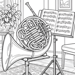 Glänzendes Horn mit Notenbuch Ausmalbild für neugierige Tonköpfe