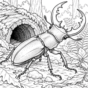 Riesiger Hirschkäfer vor Baumhöhle Ausmalbild für mutige Spürnasen