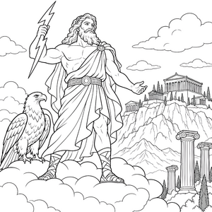 Mächtiger Zeus mit Blitz und Adler Malbild für junge Mythologiefans