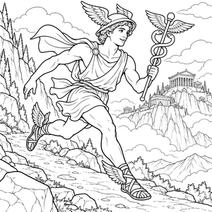 Fliegender Hermes mit Caduceus Ausmalbild für kreative Abenteurer