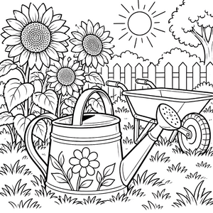 Heiterer Garten mit Sonnenblumen Ausmalvorlage für Bastler