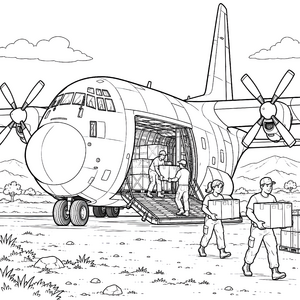 Mächtiges Frachtflugzeug mit Laderampe Ausmalbild für Logistikfans