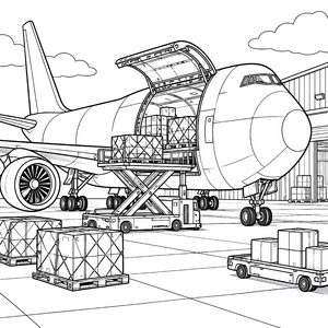 Großes Frachtflugzeug mit Ladegabel Ausmalvorlage für verträumte Logistikfans