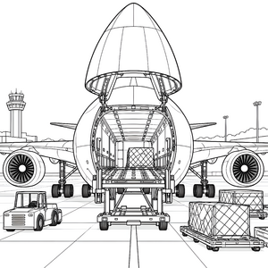 Riesiges Frachtflugzeug mit Laderampe Ausmalbild für neugierige Tüftler