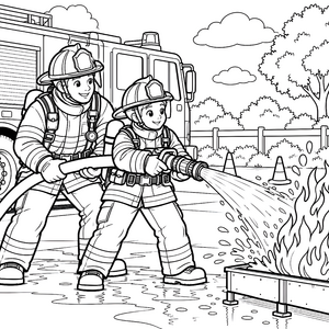 Tapfere Feuerwehkameraden beim Löschen Malbild für Abenteurer