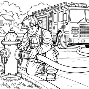 Konzentrierter Feuerwehrmann am Hydranten Ausmalvorlage für junge Spürnasen