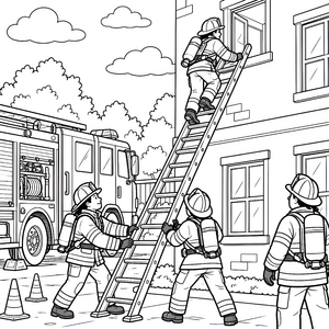 Heldentat Feuerwehrleute an der Leiter Ausmalbild für neugierige Spürnasen